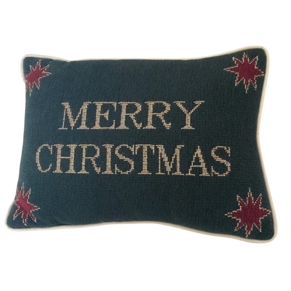 Pier 1 Green White Cotton Christmas Holiday Needlepoint Decorative Pillow NWOT